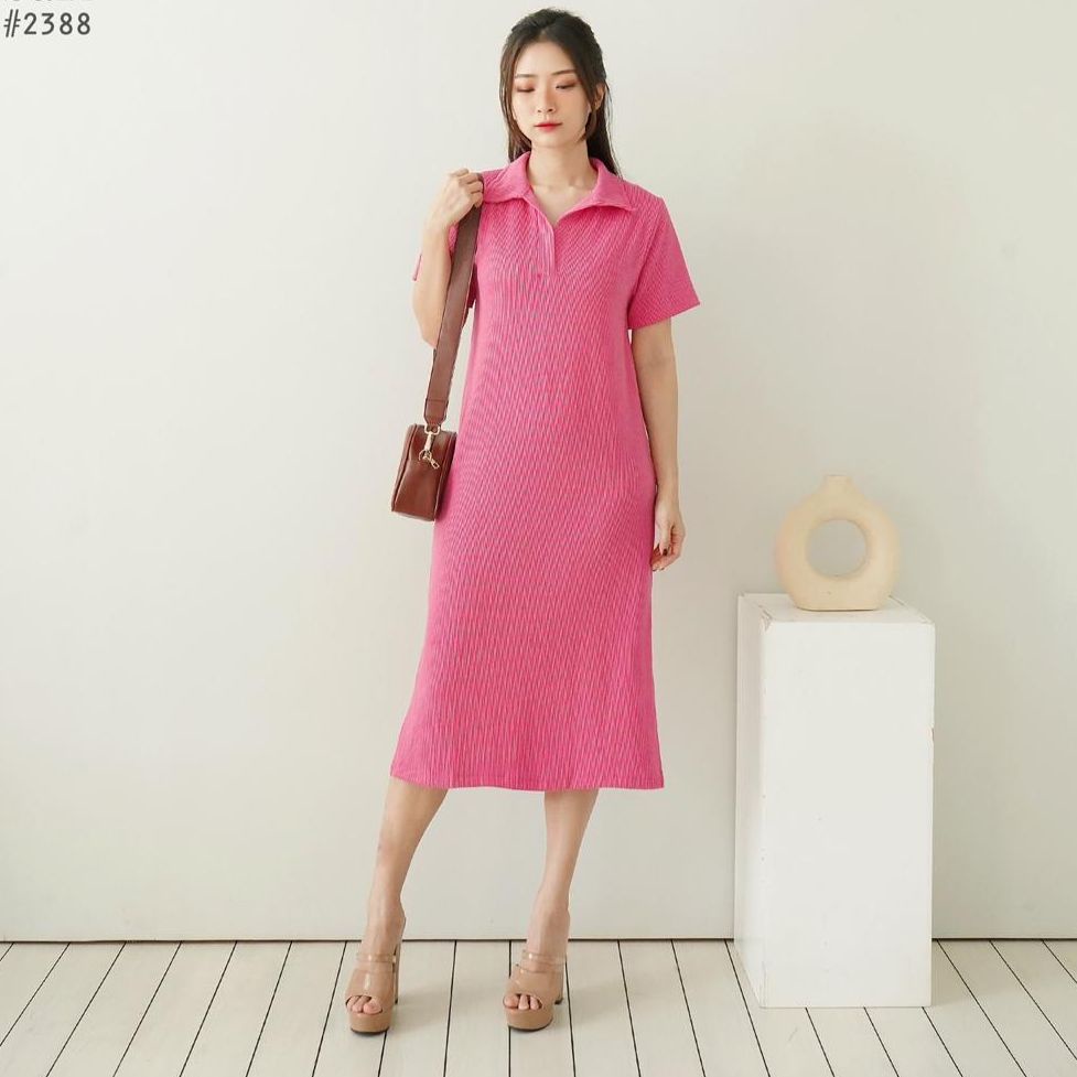 lookatmeofficial • Sienna Midi Knit Rib Dress - Basic Casual Dress Kerah V-2388