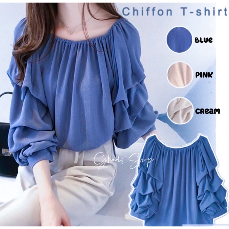 BL820 • Blouse Sifon Korea Import • Sabrina Lengan Panjang Ruffle • Fashion Wanita