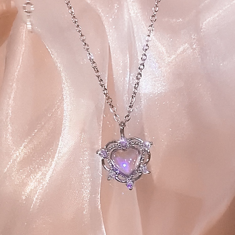 Kalung Rantai Choker Liontin Hati Batu Bulan Kristal Tidak Teratur Warna Pink Untuk Wanita