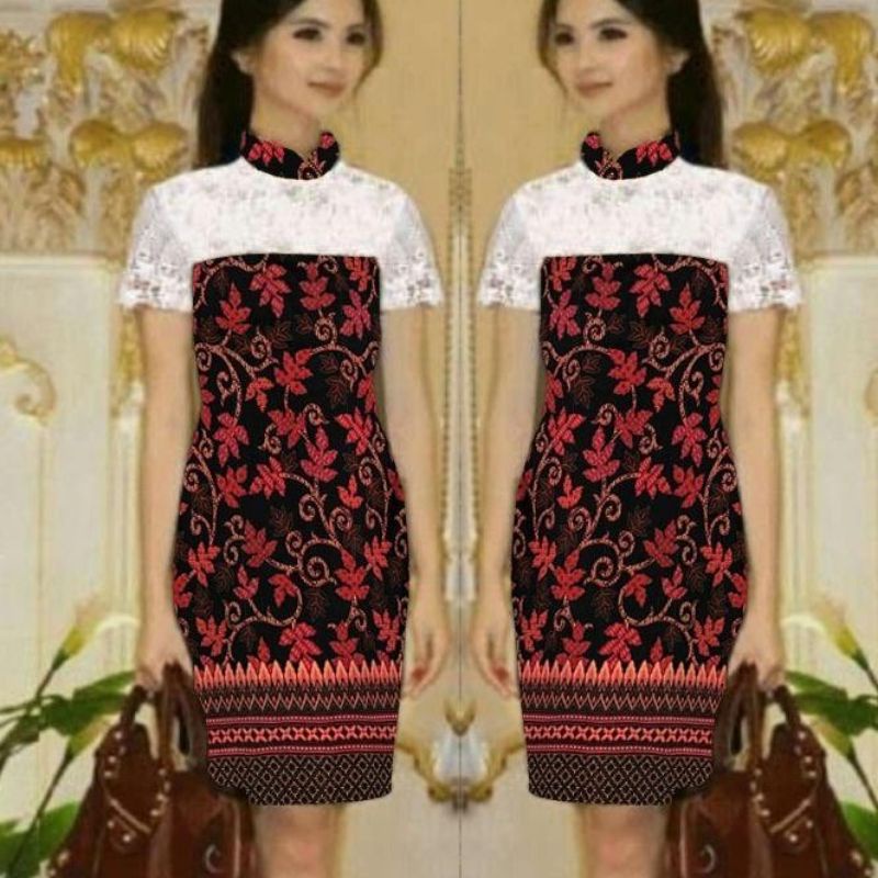 DRESS BATIK SILK COMBI BROKAT PUTIH/DRESS WANITA KONDANGAN