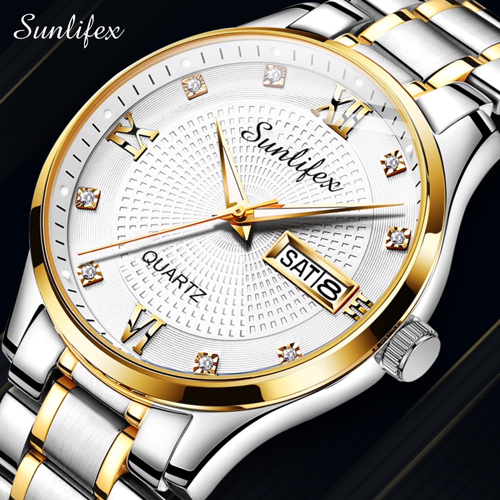 Sunlifex Jam Tangan Pria Original Kuarsa Tali Stainless Steel Calendar Mewah Mode Pria Jam Tangan Cowok Anti Air-GoldWhite