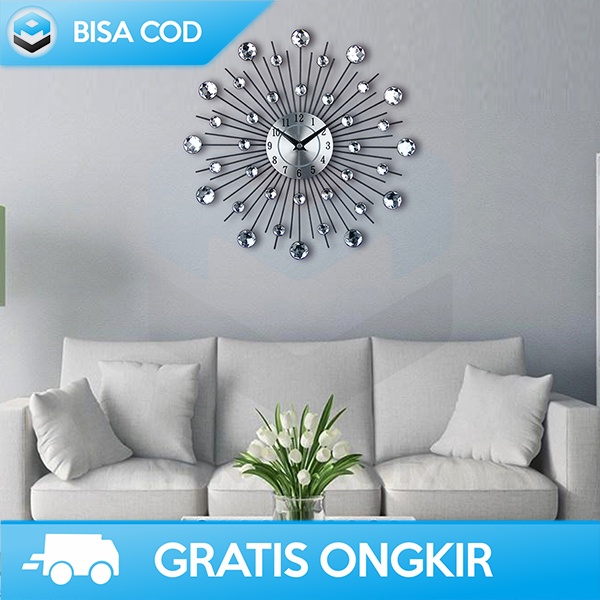 WALL CLOCK UNIK DESAIN ELEGAN LUXURY DIAMOND JAM DINDING QUARTZ SILVER