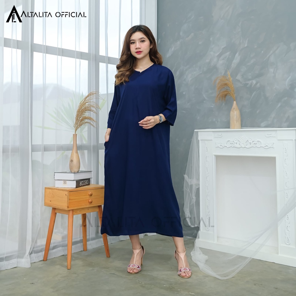 Altalita - Daster Gamis Polos Panjang Lengan Tangan Panjang 3/4 Longdress Polos Jumbo LD 120 Homedress Busui Panjang Lengan Panjang Semata Kaki Bahan Katun Rayon Adem Tebal Premium