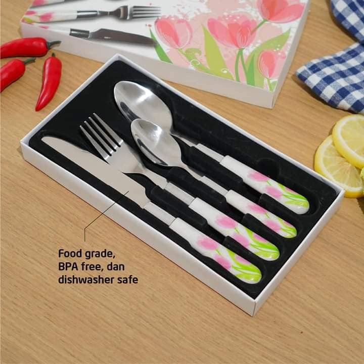 BELLA - 4IN1 CULTERY SET SENDOK GARPU PISAU SET MOTIF FLOWER BUNGA TULIP 4 IN 1