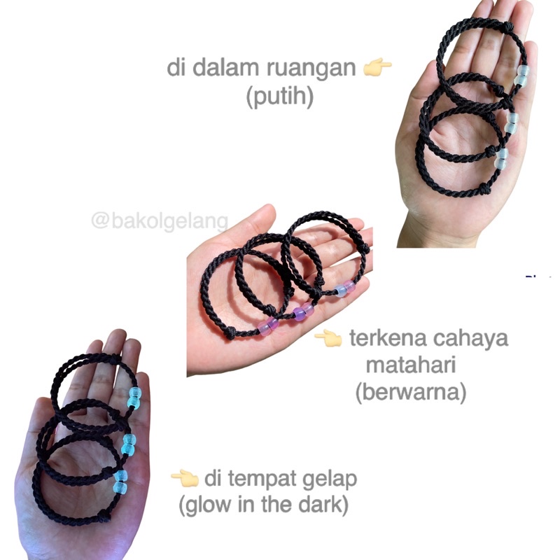 Gelang UV glow in the dark tali hitam berwarna di tempat terang dan menyala dalam gelap