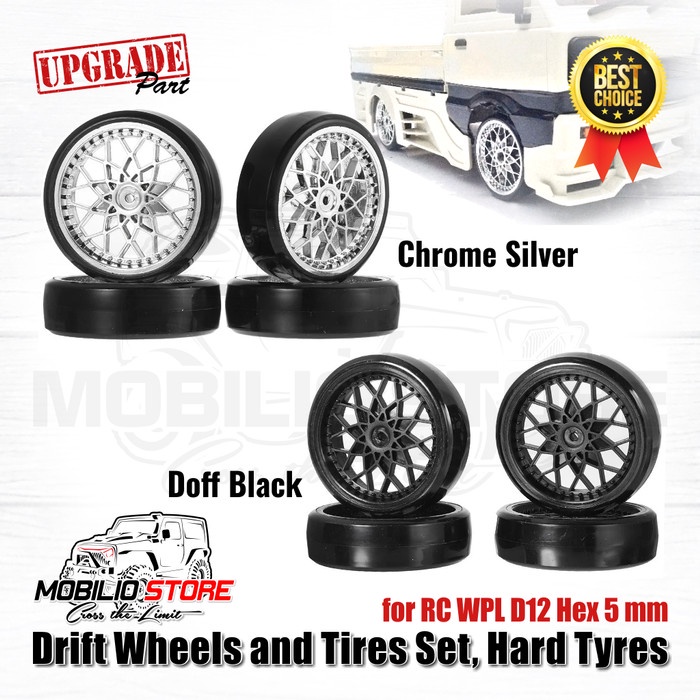 Ban Drift Wheels and Tires Set, Hard Tyres for RC WPL D12 Hex 5 mm