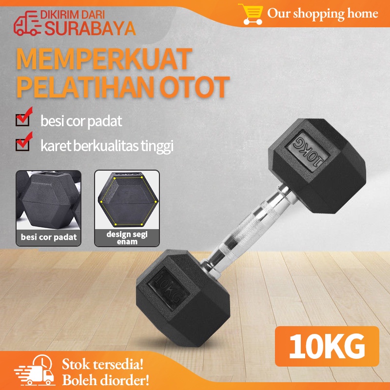 Hex Rubber Dumbell Hitam 10Kg/Dumbell Karet Hexagonal 10Kg/Barbel Karet Segi Enam 10Kg