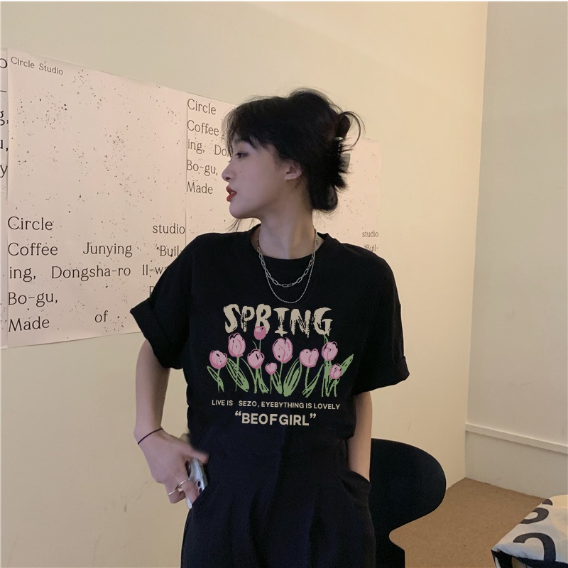 Print T-shirt Kaos Lengan Pendek Wanita Tulip Oversize Korean Style