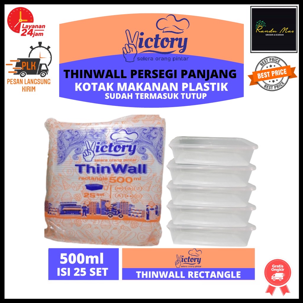 Thinwall Mangkuk Persegi Panjang 500ml + Tutup Thinwal Rectangle Plastik Tempat Makan Baso Bubur Ayam Mie 500 ml