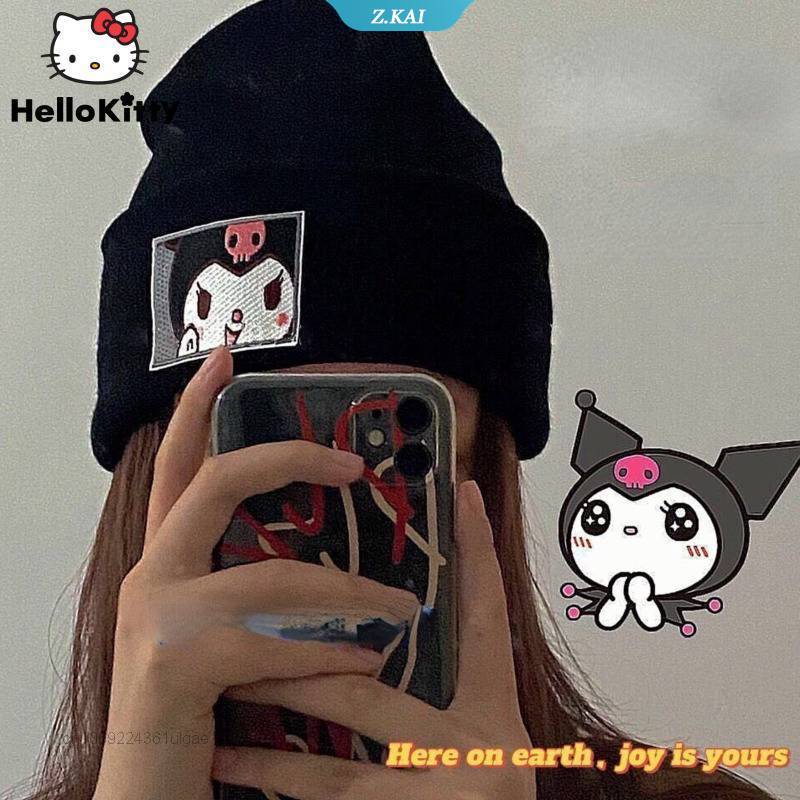 Topi Beanies Rajut Motif Garis Aksen Telinga Kucing Bahan Wol Gaya Harajuku hip-hop Untuk Wanita