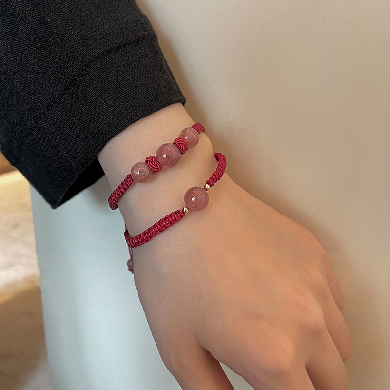 Gelang Tali Kepang Dengan Charm Bunga Kristal Strawberry Untuk Wanita