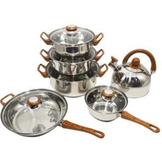 Yoshikawa Panci Set 12 Pcs Stainless Steel Tutup Kaca