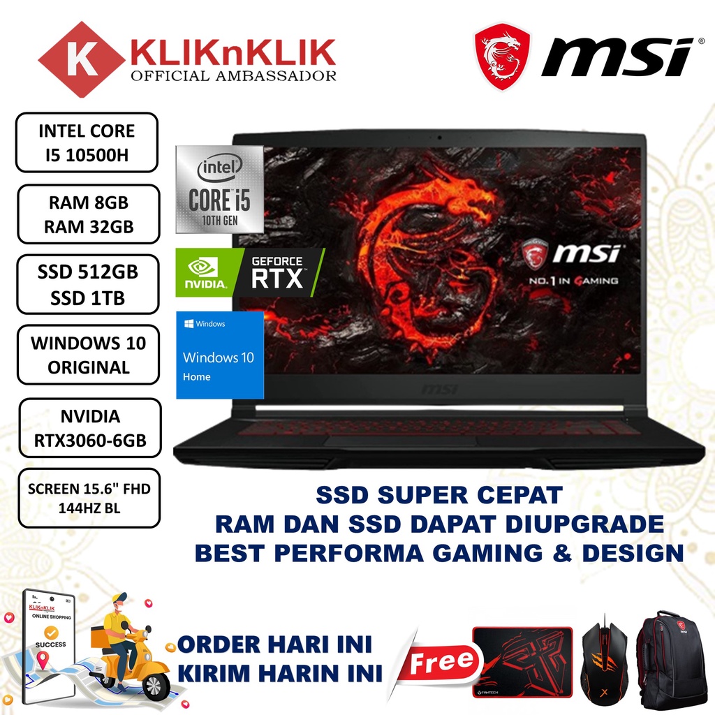 Jual Laptop Gaming MSI GF65 THIN Intel I5 10500H 32GB 1TB RTX3060 4GB 15 6 FHD 144Hz Windows 10