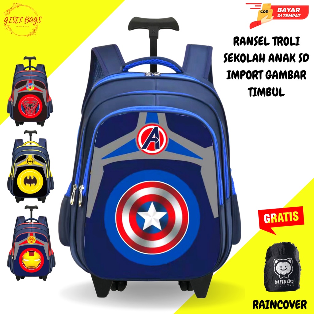 Tas Troli sekolah anak laki laki sd gambar timbul karakter superhero waterproof