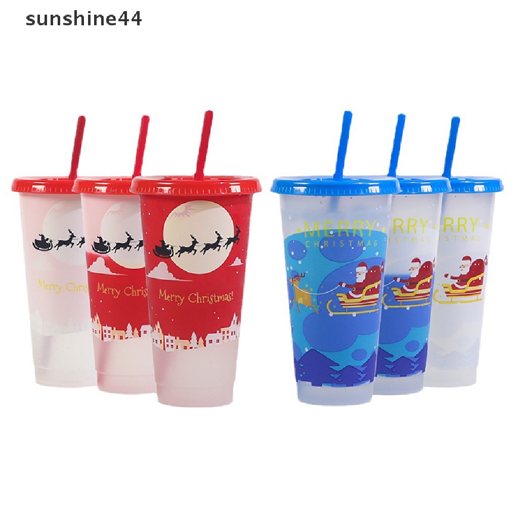 Sunshine Botol Minum / Jus / Kopi 710ml Bahan Plastik Motif Natal Dengan Sedotan