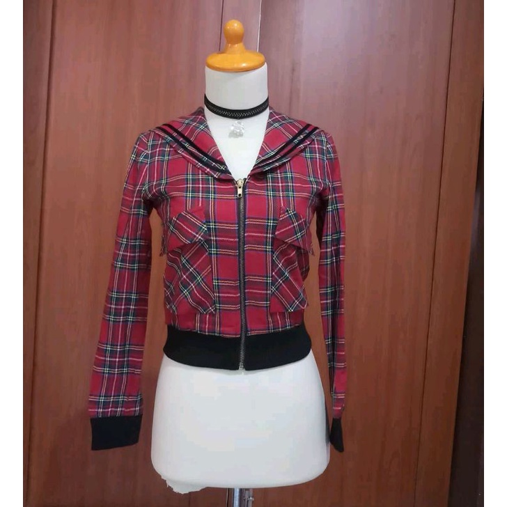 Blazer Kotak2 Merah Hitam Kerah Sailor Size S