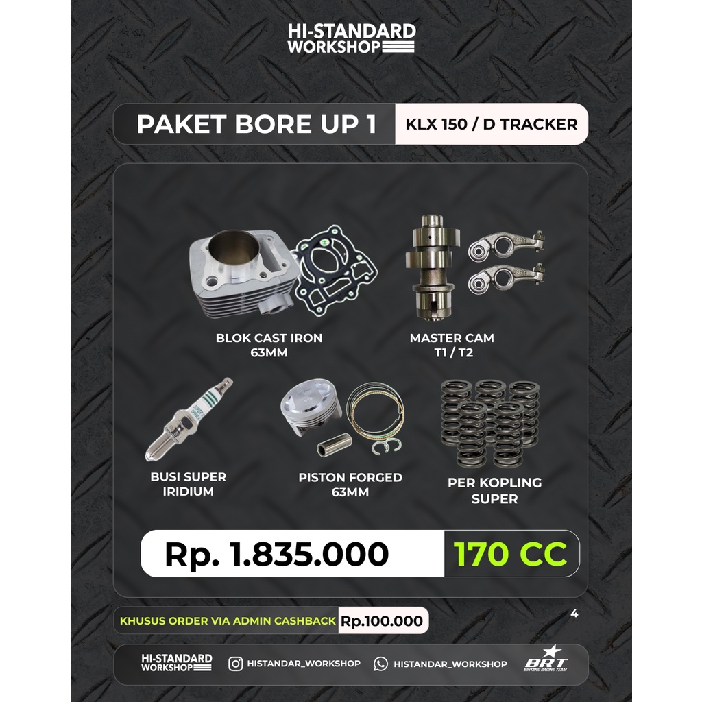 (KLX 150/D-TRACKER) PAKET BORE UP 1 FULL BRT  MASTER CAM  BUSI IRIDIUM  PER KOPLING BLOK CASTING 63 