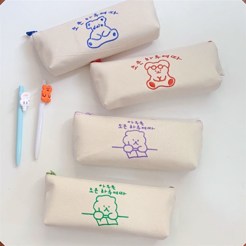 

Kawaii Stationery Pencil Case Cute Canvas Embroidery Bear Pencil Bag Pencil Pouch School Kids Suppli