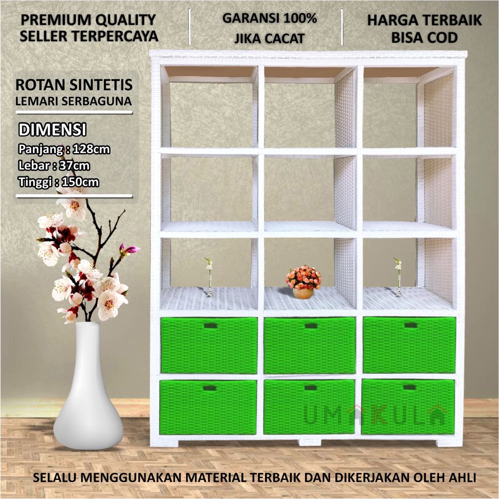 Lemari Rotan Sintetis Pembatas Ruangan Ruang Tamu 6 Laci dan 9 RAK Warna Warni Bufet Buffet Buku Hia