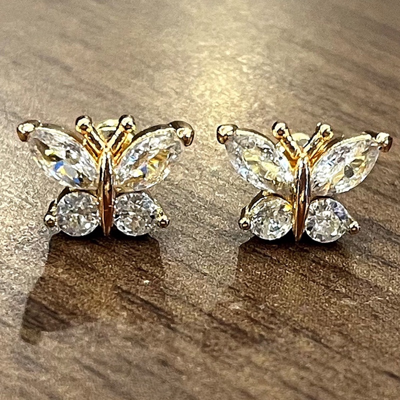 Fancyqube Anting Stud Desain Kupu-Kupu Warna Emas Silver Untuk Wanita