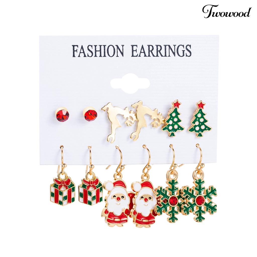 6 Pasang / Set Anting Stud Desain Geometrik Pohon Natal Rusa Snowman Santa Claus Bahan Enamel Untuk Hadiah