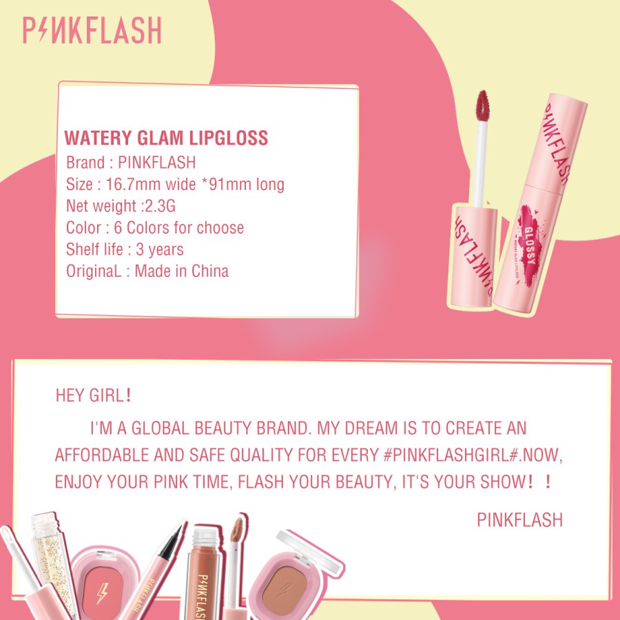 PINKFLASH Watery Glam Lip Gloss Lipstick Super Glossy Shiny Moisturizing Non Sticky Long Lasting Meremajakan Bibir - PK01