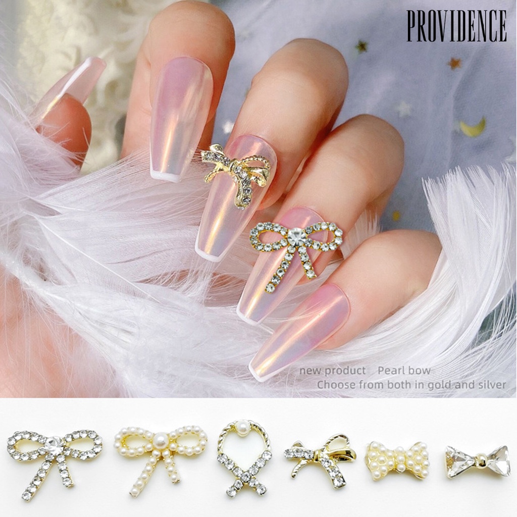 Providence 10Pcs / Set Hiasan Kuku 3D Bentuk Pita Aksen Mutiara + Berlian Imitasi Untuk Nail Art / Salon Charms