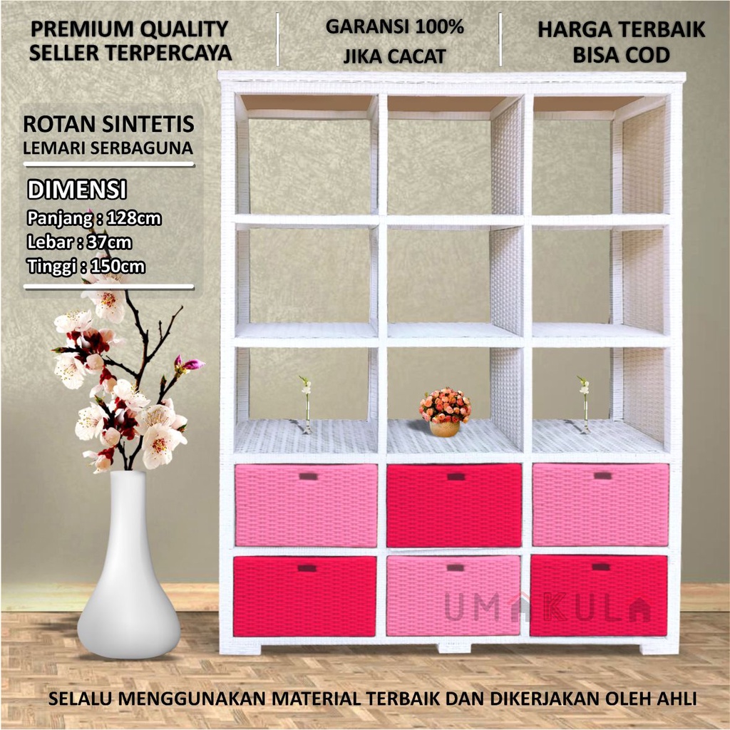 Lemari Rotan Sintetis Pembatas Ruangan Ruang Tamu 6 Laci dan 9 RAK Warna Warni Bufet Buffet Buku Hia