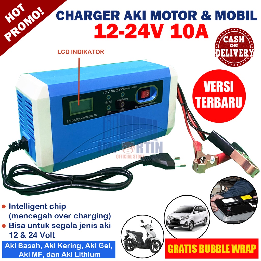 Charger Aki Mobil, Motor Portable 10A 12V 24V Casan Accu Motor Mobil Sparepart Motor Listrik Indikator Carger