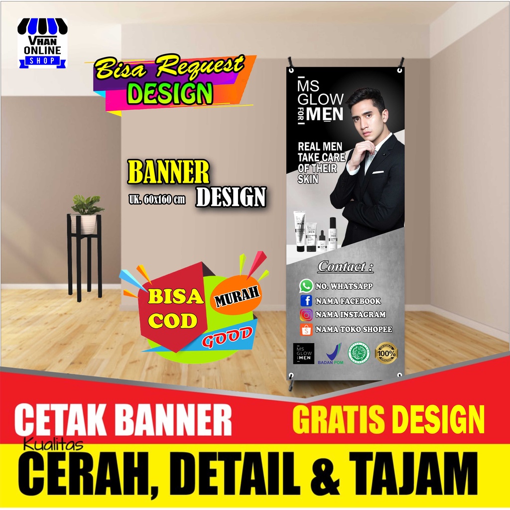 Spanduk Banner Backdrop Jualan Produk Ms Glow Men Model Verrel Bramasta Keren Simple