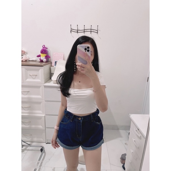 Croptop square lengan pendek | Croptop kimmi leher square lengan pendek | atasan crop square korean style | korean fashion import | aquarius boutique89