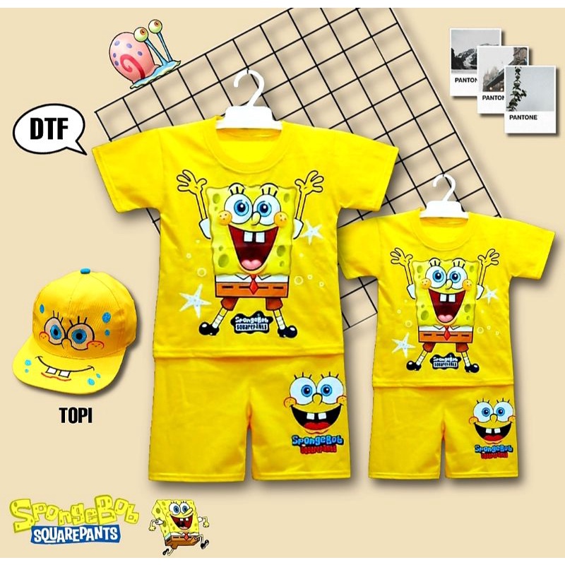 SETELAN ANAK KARAKTER SPONGEBOB USIA 1-10THN TAMBAH TOPI/SETELAN SPONGEBOB AJA/TOPI SPONGEBOB AJA