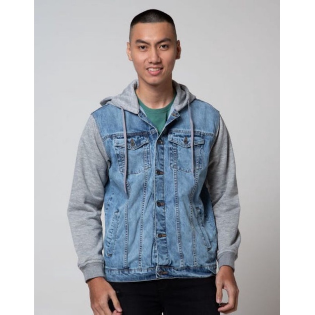 Nevada Denim Jacket Pria Hoody Basic Combinasi (Preorder 2-3 Hari)
