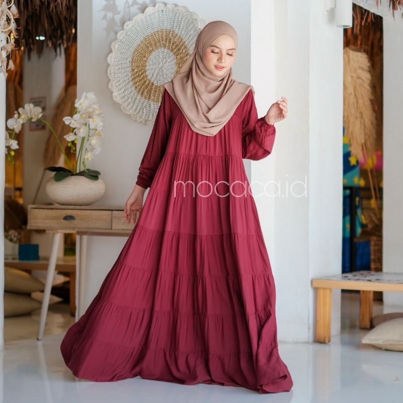 dress premium 7 susun merah tua maroon non busui sleting belakang bisa untuk prewed pre wedding lengan wudhu friendly flare flowy adem super lebar