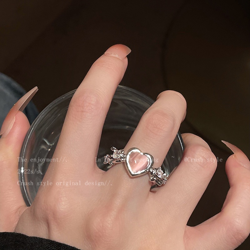 Cincin Kristal Bentuk Hati Warna Pink Gaya Korea Untuk Wanita