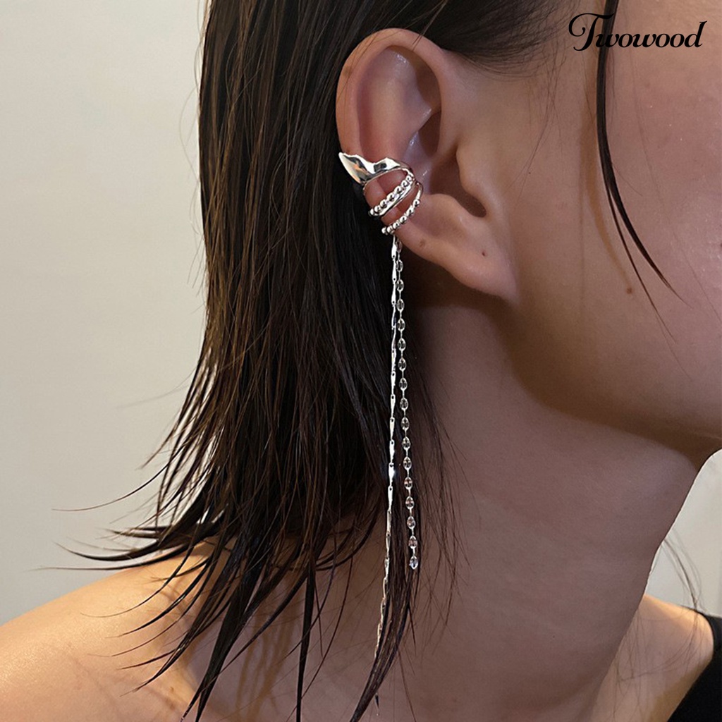 1 Pc Anting Klip Telinga Kanan Bentuk Geometris Model Rumbai Panjang Gaya Gothic Untuk Wanita