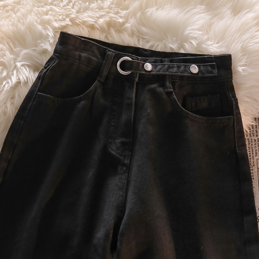 Kekinian Korean Hitam Straight Celana Jeans Panjang Wanita（Realpict）