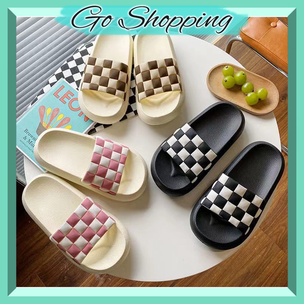 GO! SD894 Sandal Rumah Slop motif kotak- kotak catur Sendal Karet  Karet Empuk Home Anti Slip Wanita Pria Gaya Korea