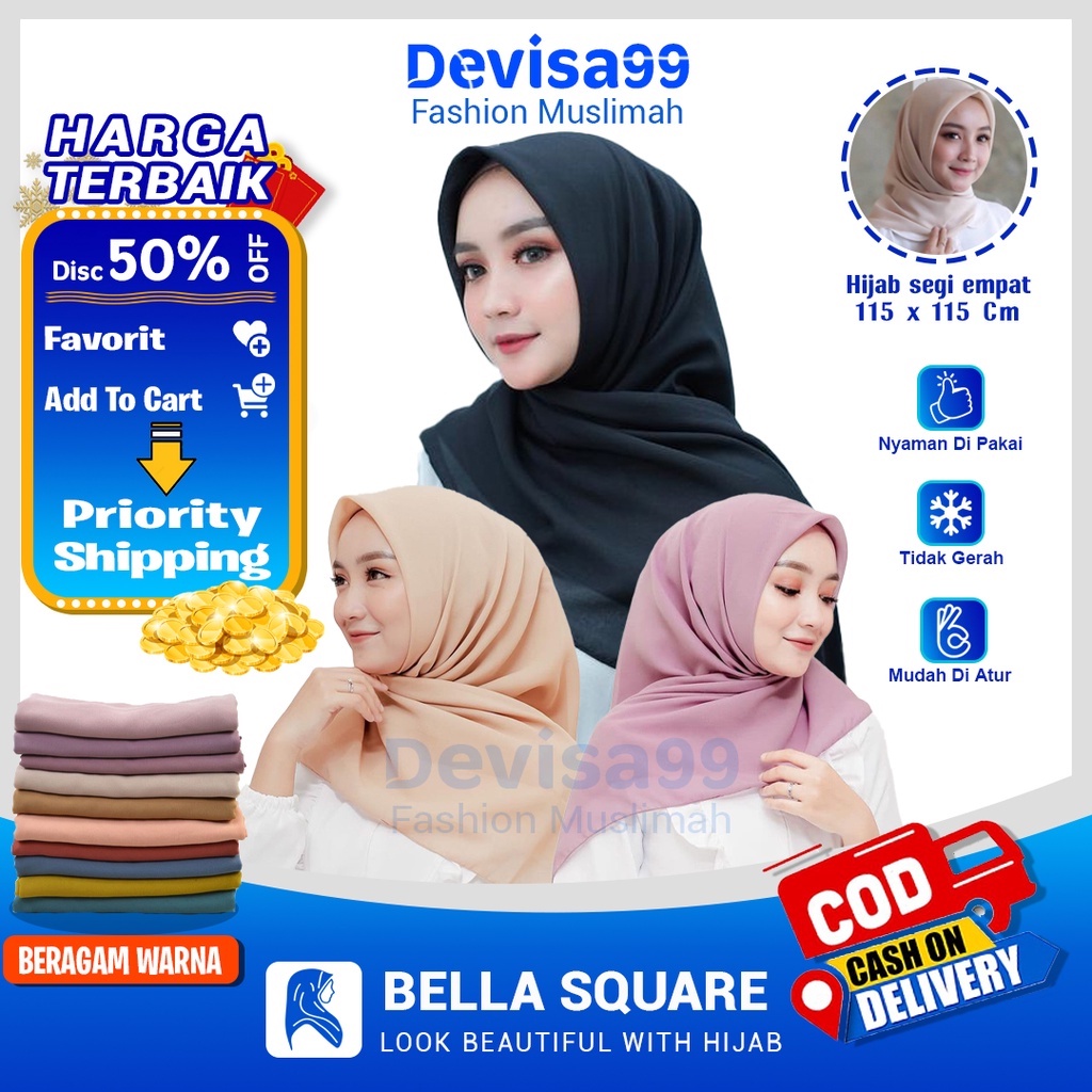 Bella Square Hijab Segi Empat Bahan Polycatton Pilihan Warna Lengkap Abu SMA Dusty Pink Maroon Choco Army Silver Nude Mocca Charcoal Milo Tan Gray Khaki Muda Honey Seawood Coughat Mustard Hijab Grosir