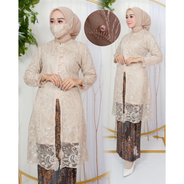 Kebaya Tunik Set Mutiara Kancing Depan- Kebaya Bahan Tule Tebal - Kebaya Kondangan - Kebaya Pesta - 