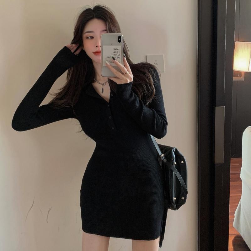 Suhao Little Black Dress Ketat Slim-Fit Bag Hip Dress Niche Chic Pinggang Elastis Lengan Panjang Pelangsing Pakaian Dalam Rok Pendek