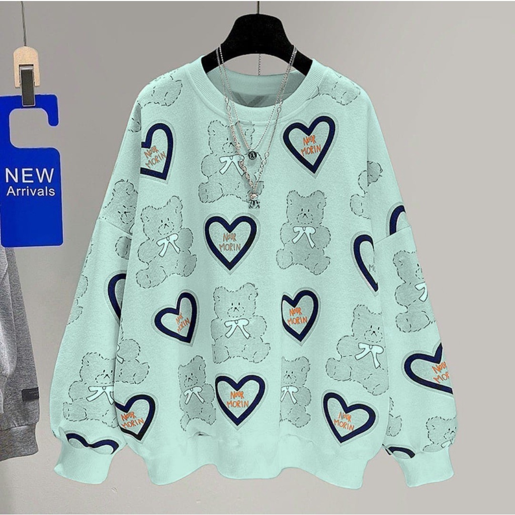 SWEATER OVERSIZE - BEAR lOVE PULL PRINT CREWNECK SWEAETR OVERSIZE - SWEATSHIRT WANITA-soft mint