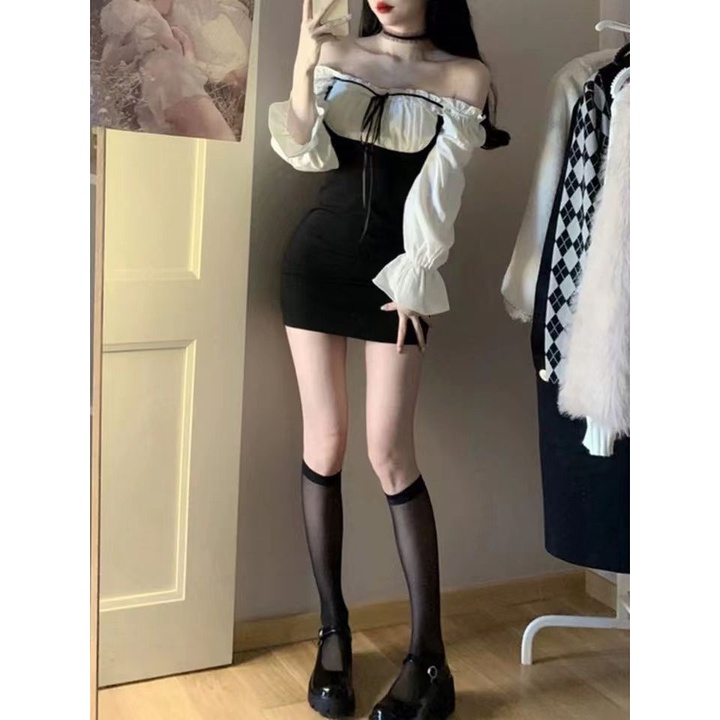 Suhao Hepburn gaya one-shoulder gaun dua potong palsu wanita French bottoming rok pendek hot girl keinginan murni slim-fit hip rok