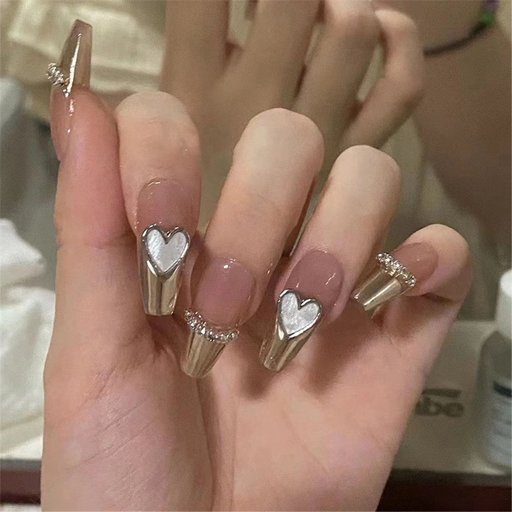 24pcs Kuku Palsu Warna Pink Bahan Metal Untuk Dekorasi Nail Art