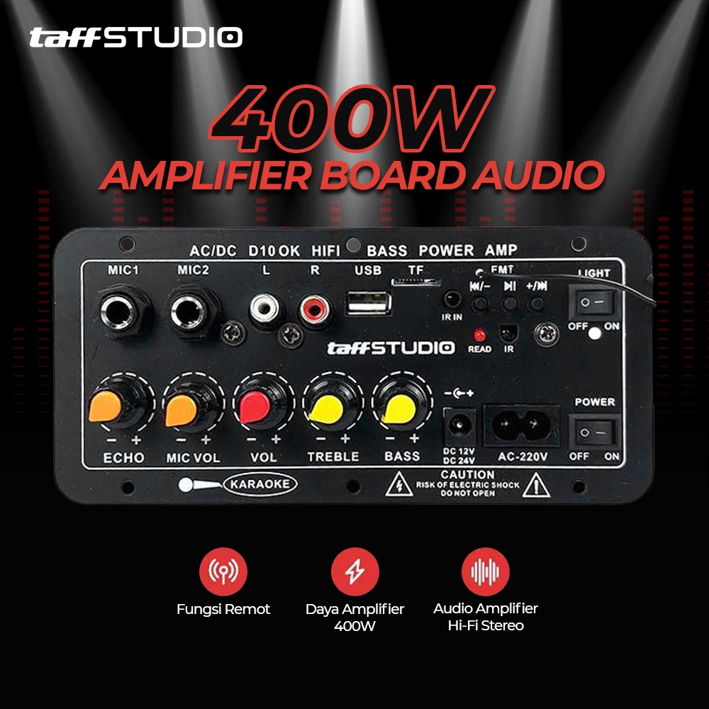 TaffSTUDIO Amplifier Board Audio Bluetooth USB FM Radio TF Player Subwoofer DIY 400W - D10OK - Black