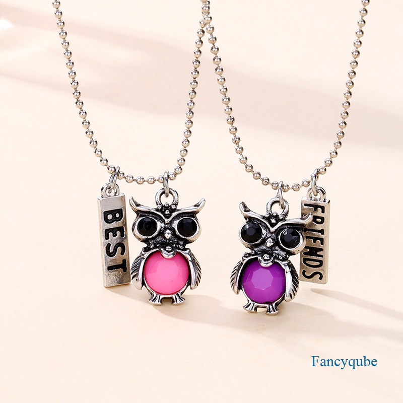 Fancyqube 2Pcs / Set Kalung Liontin Burung Hantu Aksen Hollow + Batu Merah Warna Silver Untuk Wanita