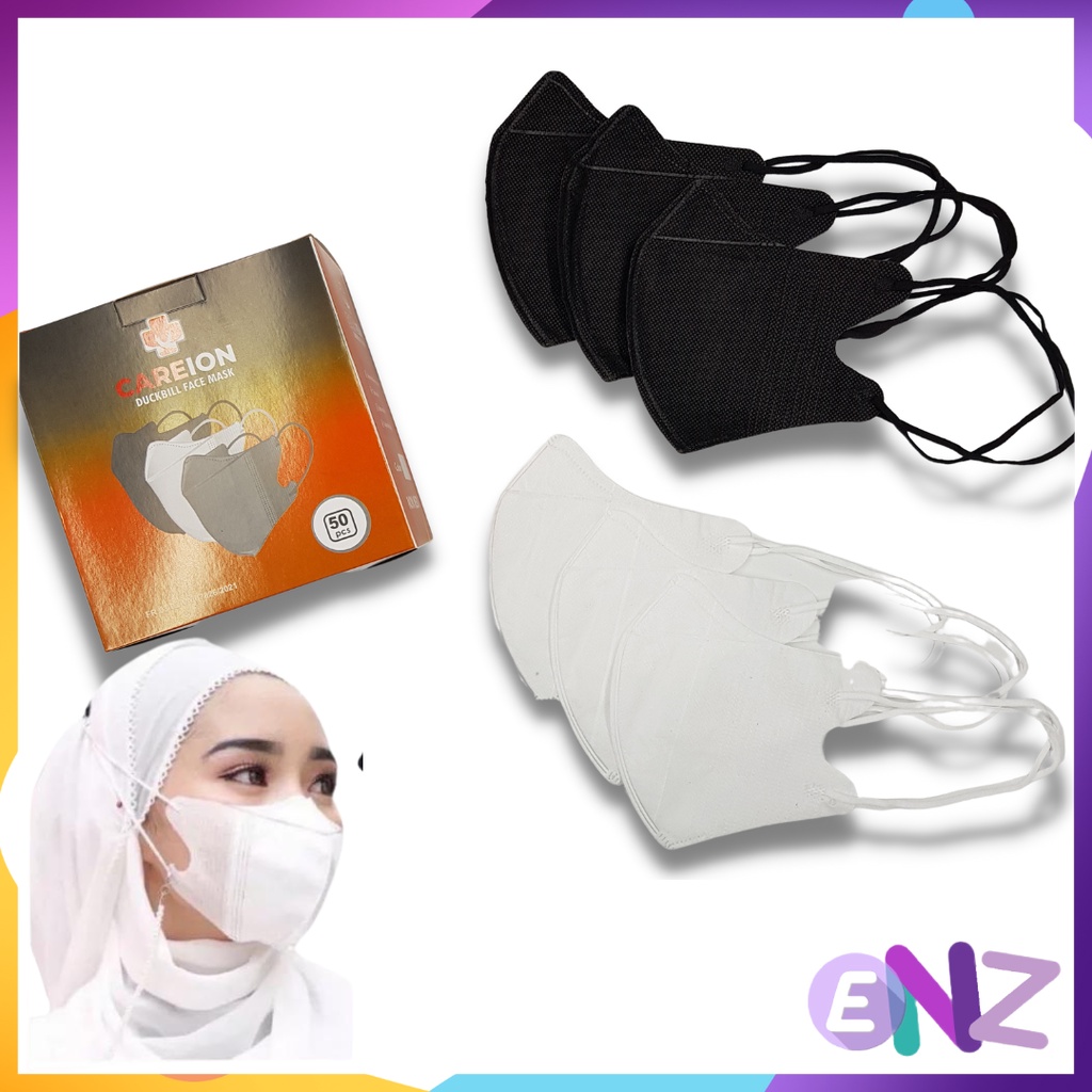 ENZ ® Masker Duckbill Hijab CAREION 3 Ply Masker Duckbill CAREION Headloop Masker Hijab Duckbill Earlop isi 50pcs 1029