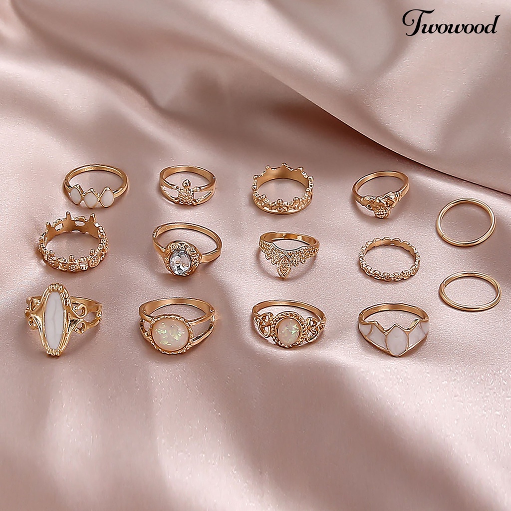 14pcs Cincin Knuckle Model Hollow Stackable Bahan Alloy Aksen Permata Imitasi Gaya Etnik