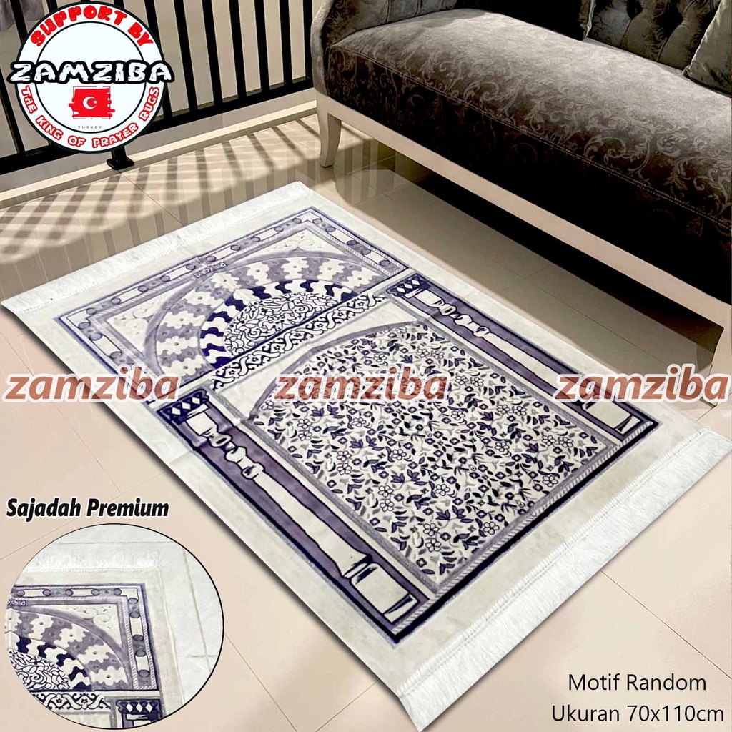 Sajadah Turki Premium Bahan Halus Warna Putih Motif Random Perlengkapan Sholat Sejadah Zamziba