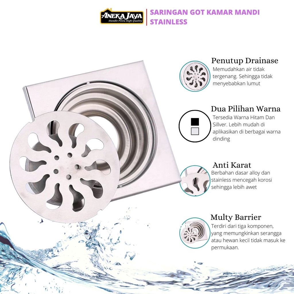 Saringan Got Kamar Mandi Floor Drain Stainlees Pembuangan Air Kamar Mandi - Silver Hitam